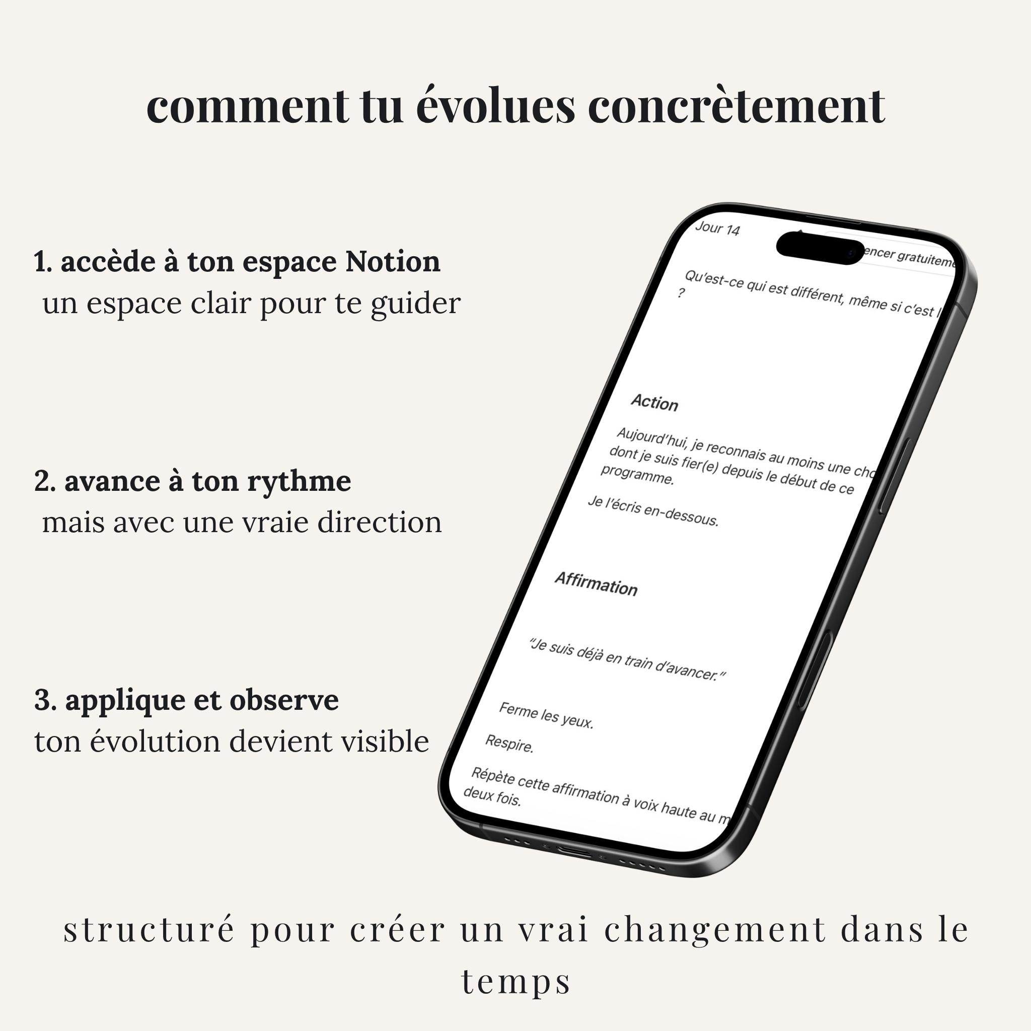 Fonctionnement du programme Notion 180 jours après une rupture avec étapes quotidiennes et progression guidée